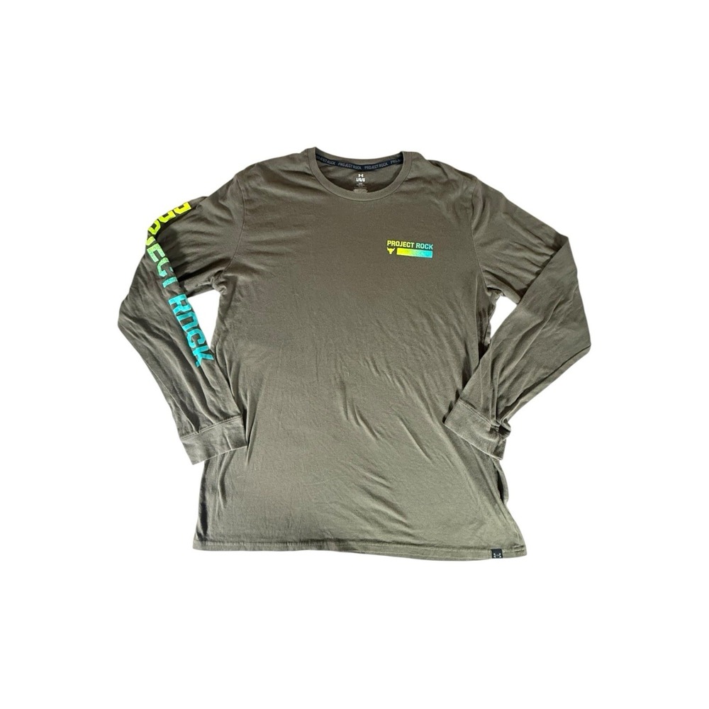 Under Armour Project Rock Shirt Adult Large Brown Spellout Loose Long Sleeve Men
